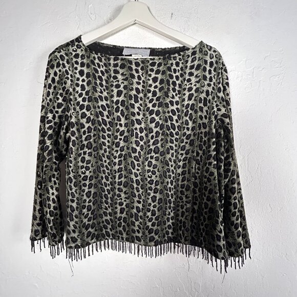Carol Anderson Womens Leopard Print Bot Neck Fringe Hem Top Medium Green/Black - Picture 1 of 9